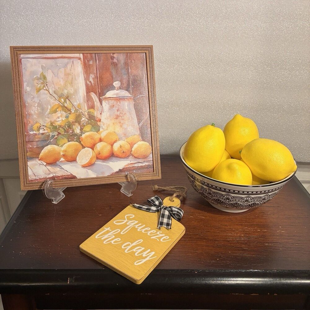 New Lemon Decoration 10 Piece Set. 1 Wood Picture, Bowl, 6 Lemons, Wood Ornament